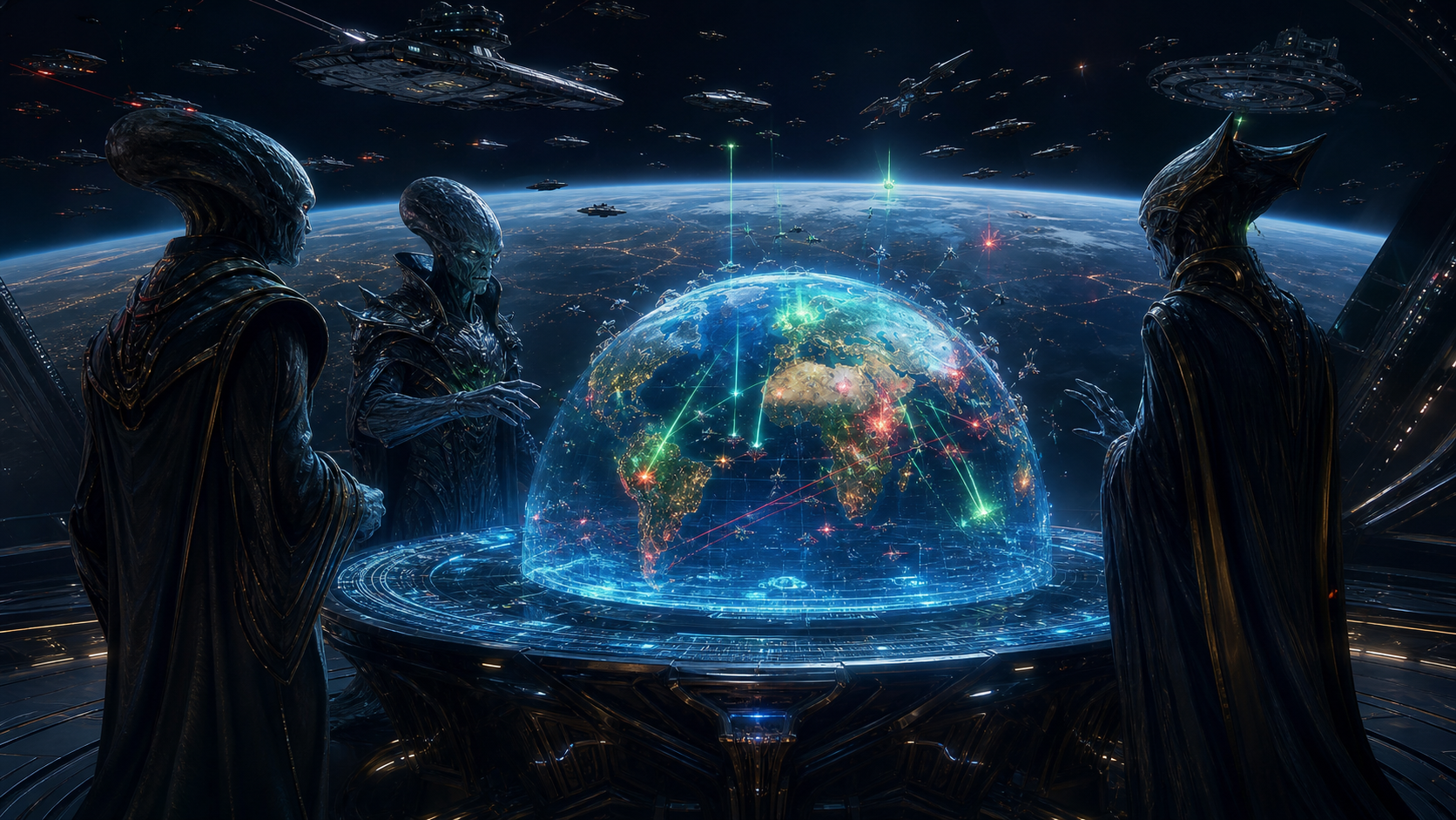 Alien Invasion Inc. key art showing alien strategists directing an invasion around a holographic Earth