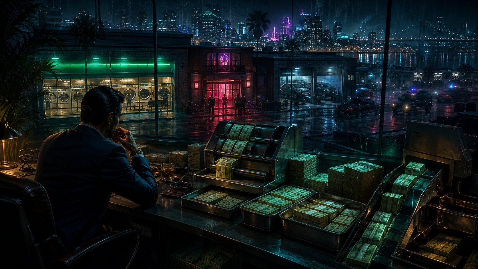 Clean Cash Syndicate Front key art showing a neon-noir laundering operation as federal agents close in