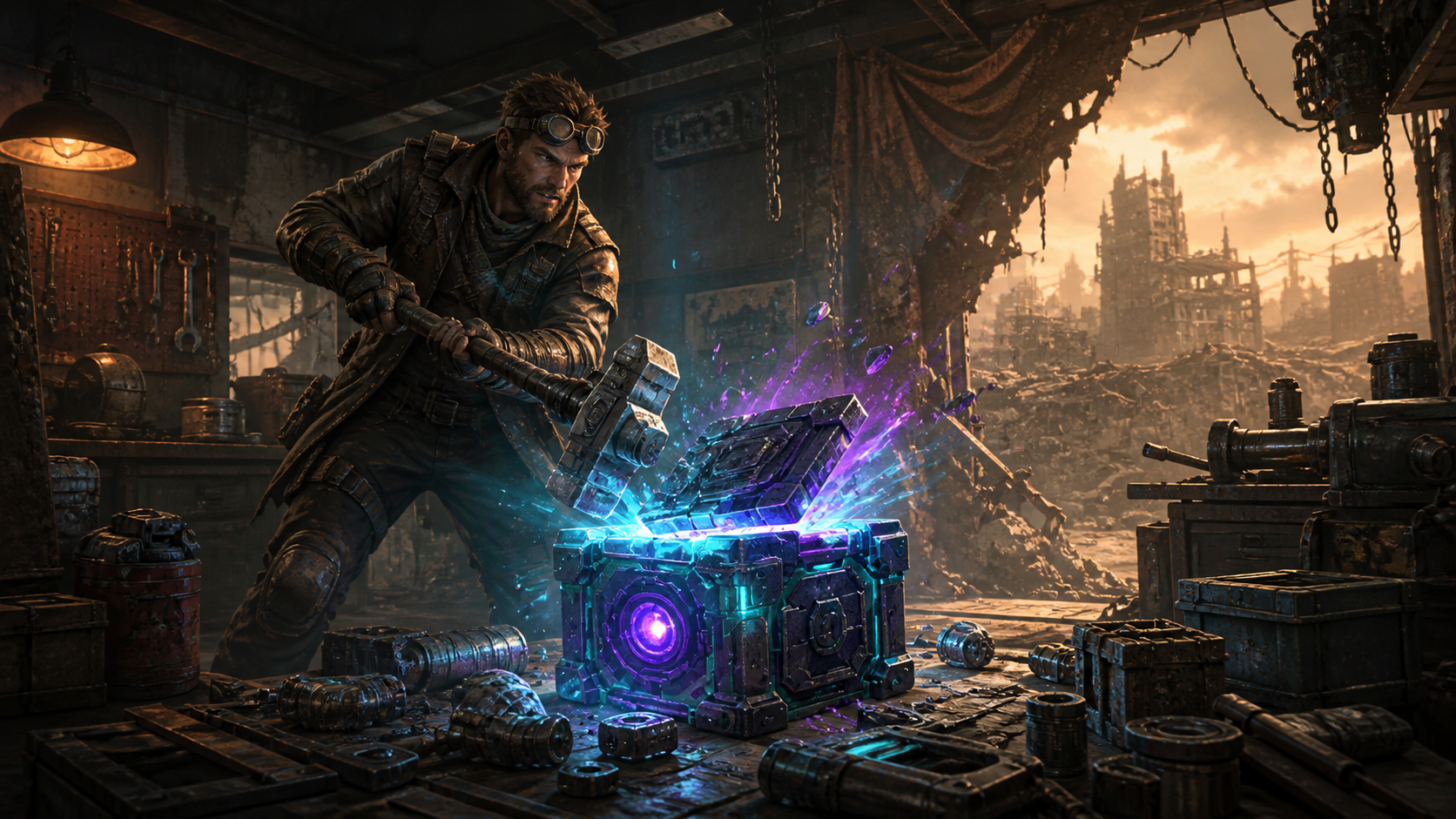 Cratebreaker Wasteland Workshop key art showing a survivor breaking open a glowing salvage crate
