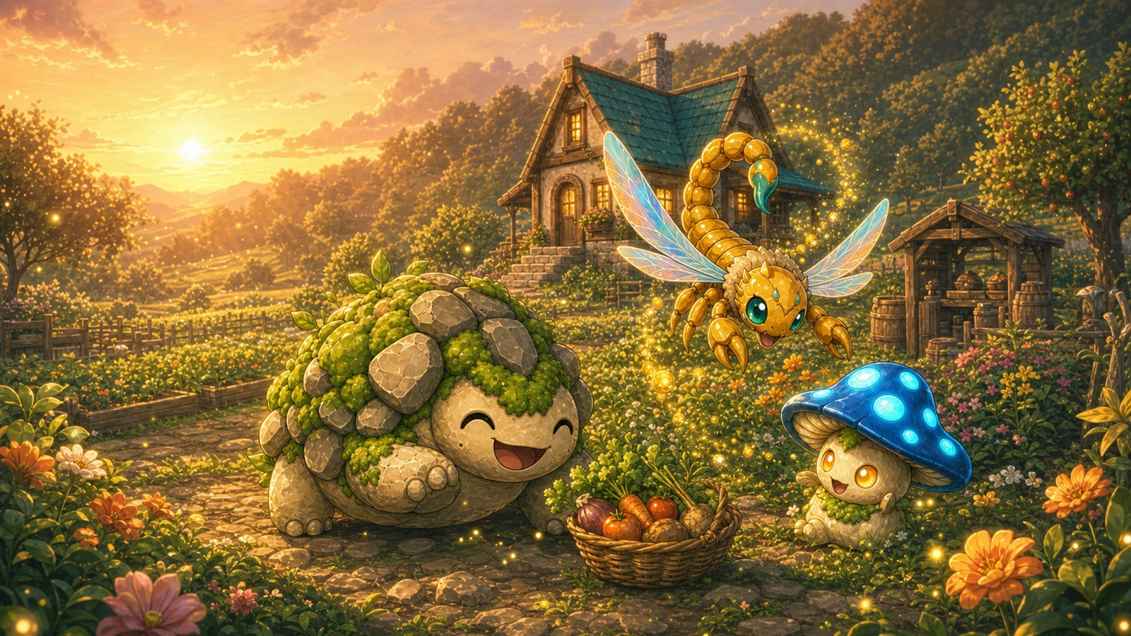 Formons Farm key art showing magical creatures on a cozy farm at sunset