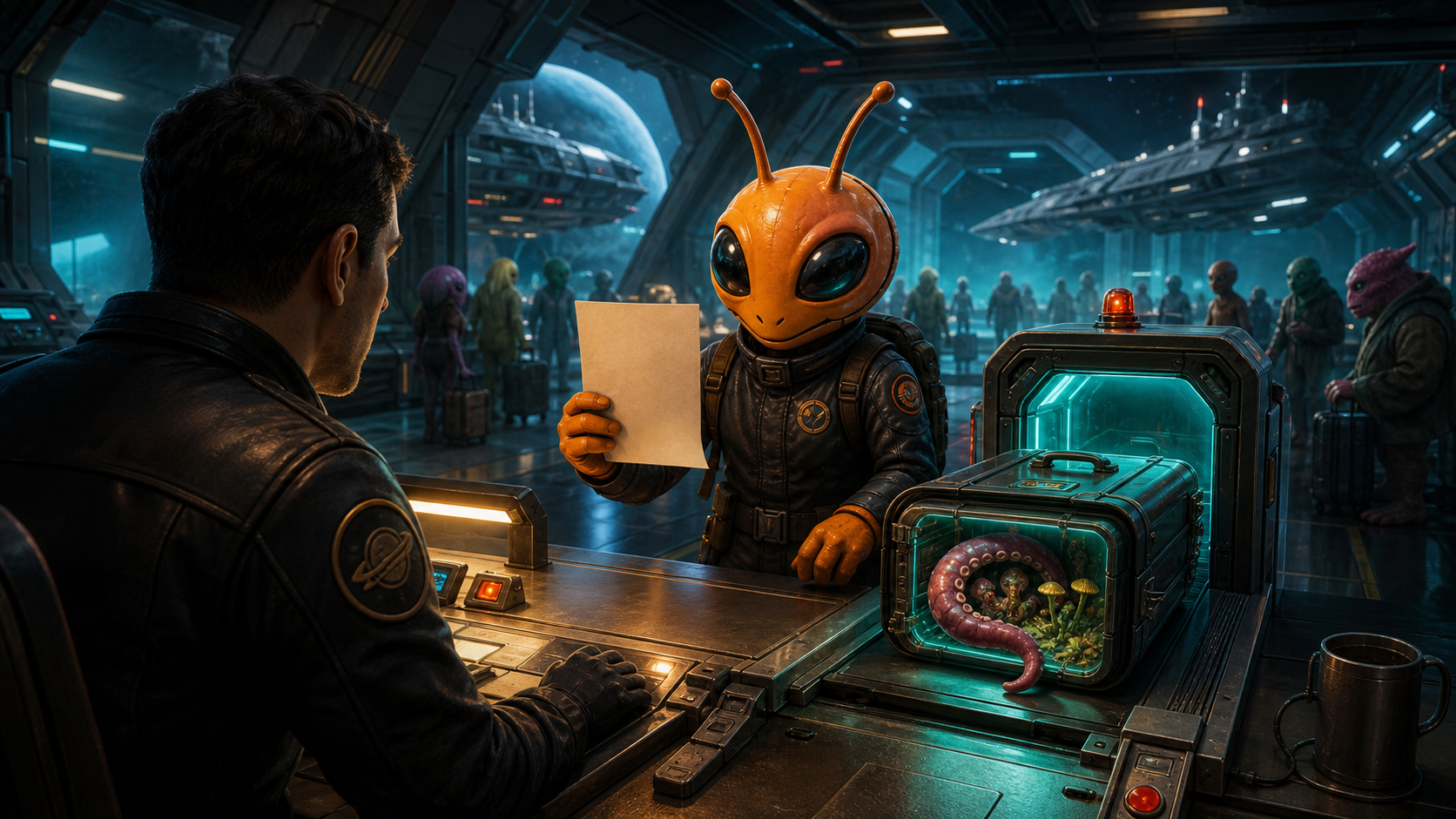Orbital Checkpoint key art showing an alien traveller presenting documents at an orbital inspection desk