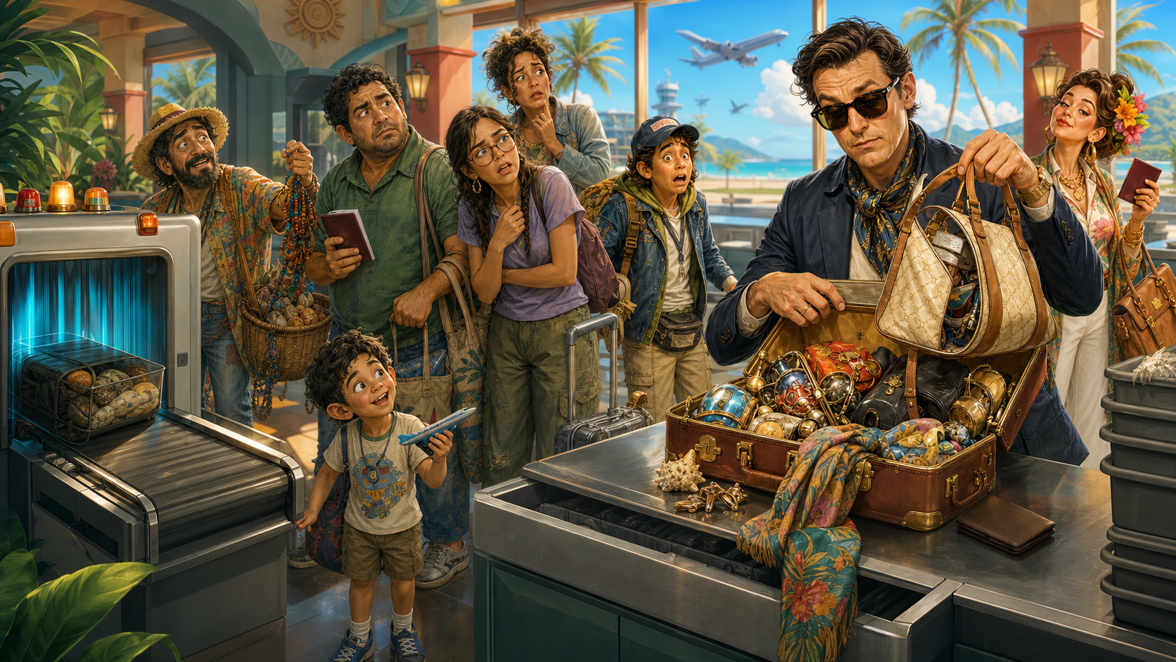 Paradise Control key art showing a chaotic luggage inspection at a tropical island airport