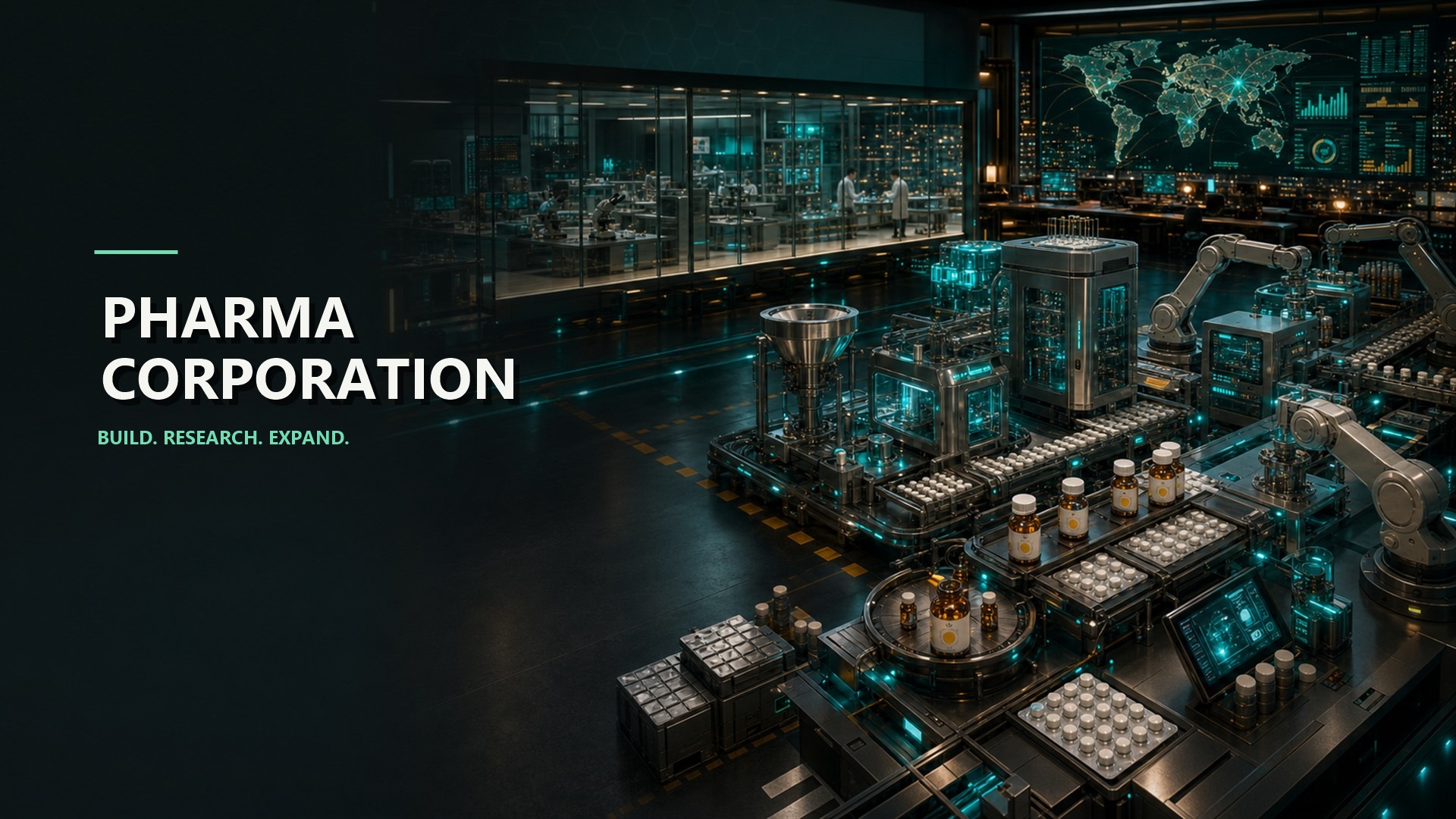 Pharma Corporation key art showing an automated pharmaceutical production line and global research facility