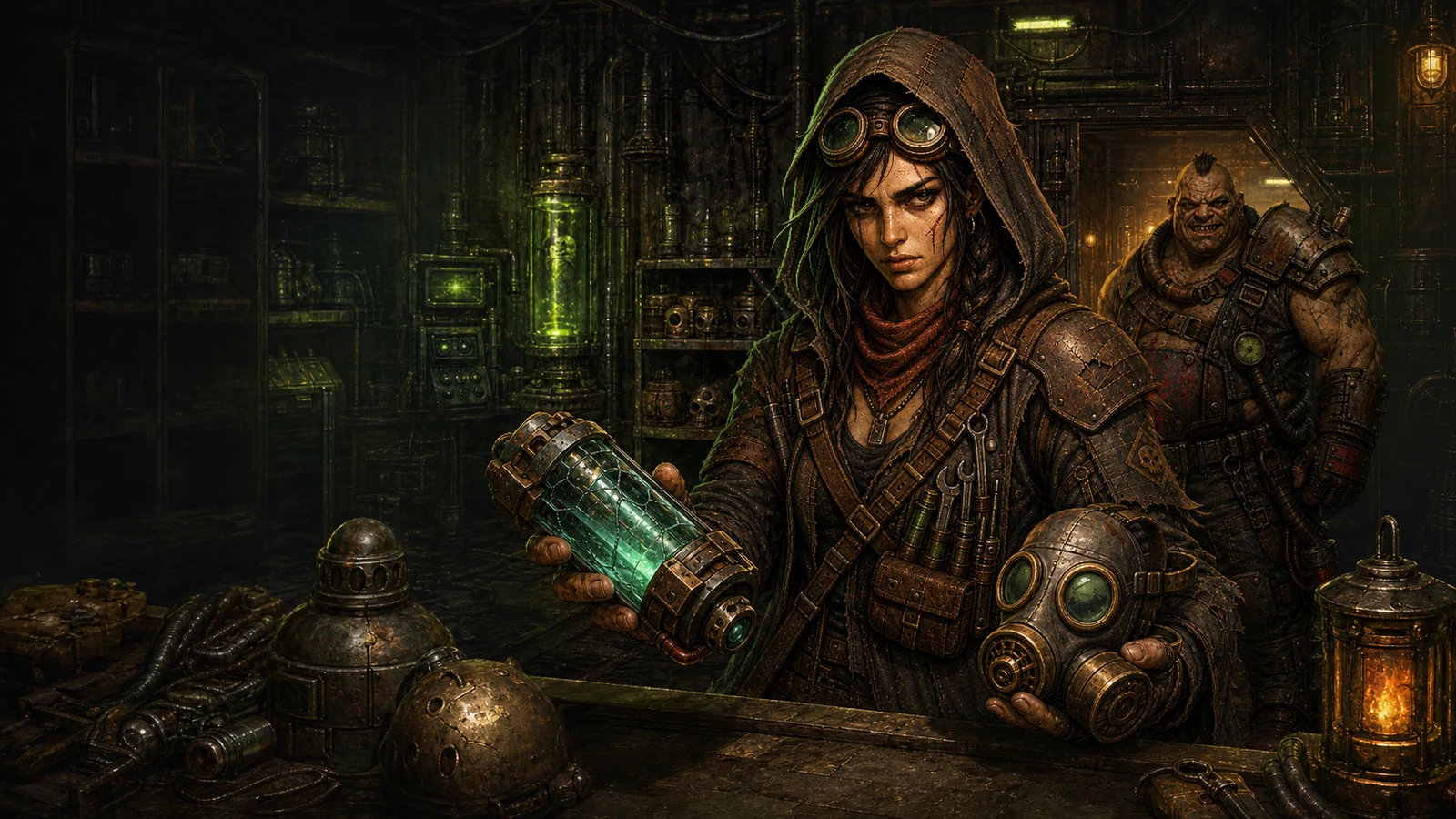 Wasteland Counter key art showing a dangerous trader offering rare relics across a post-apocalyptic counter
